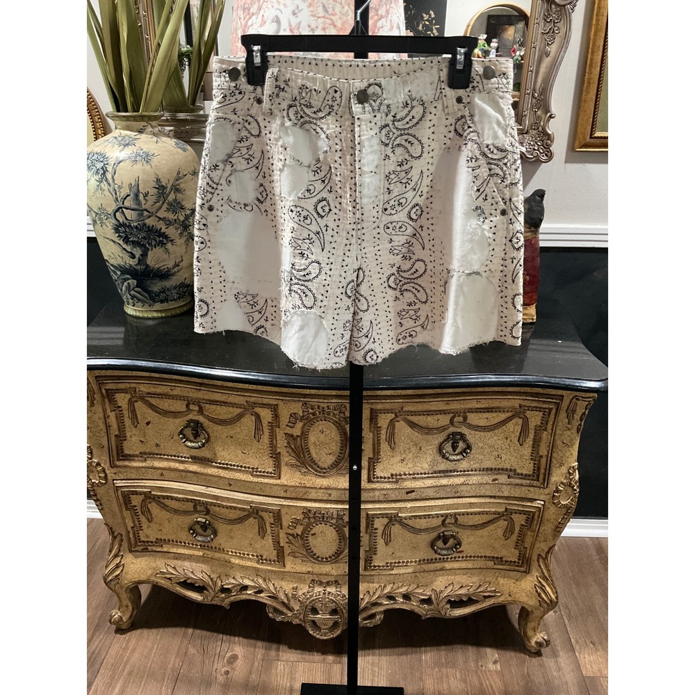 Free People Paisley Distressed Denim Shorts White Black Proto Sample OB2229014